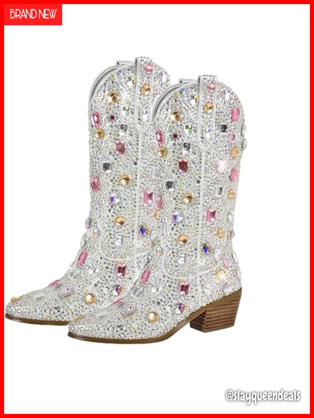 Rhinestones Sparkly Mid Calf Pull On Boots Faux Suede Block Heel